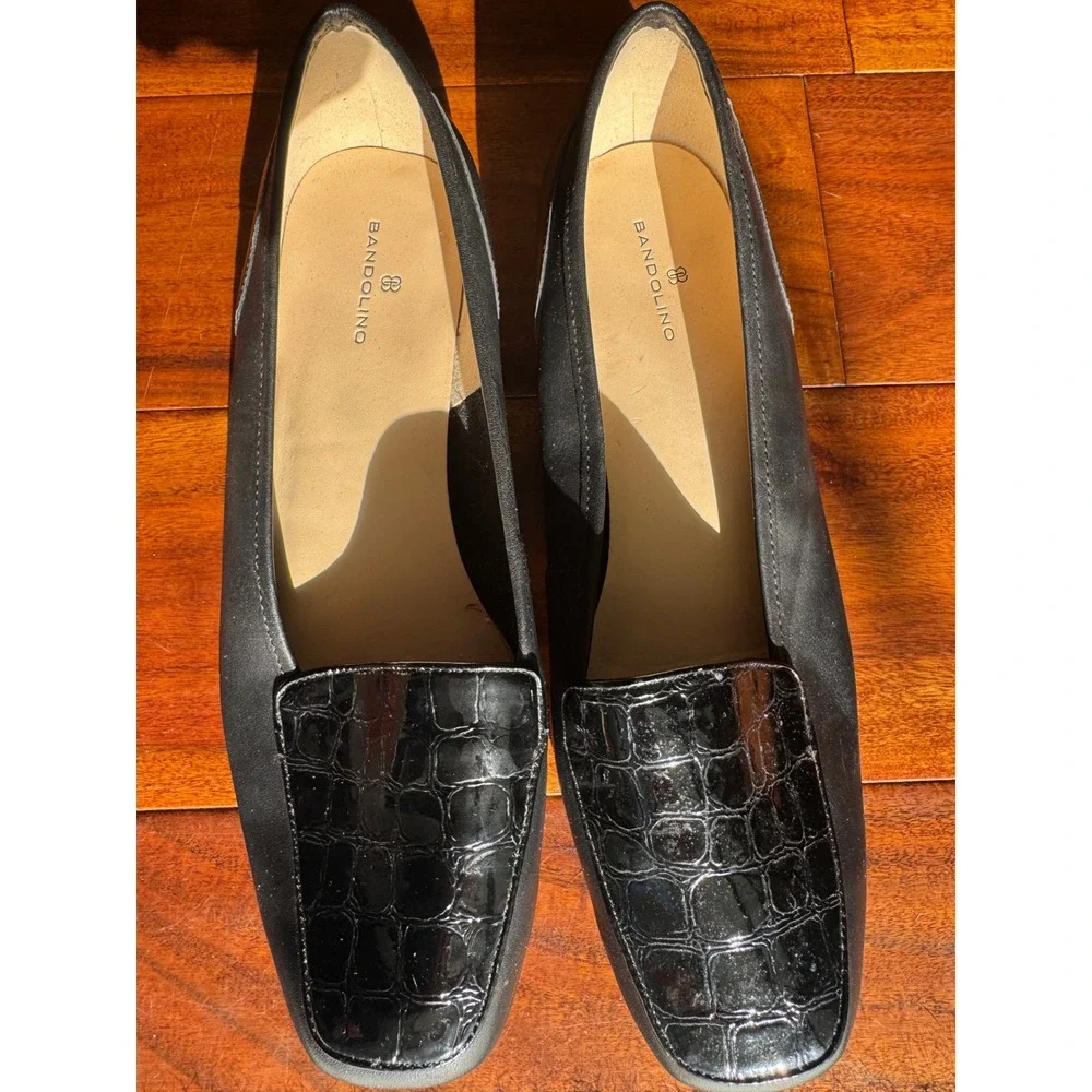 Bandolino Liberty Black Leather Croc Embossed Square Toe‎ Loafers BDLIBERTY 8.5W